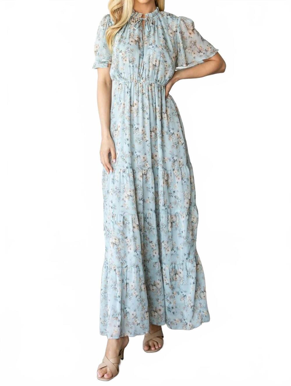 NEW CY FASHION vintage floral maxi dress in light blue